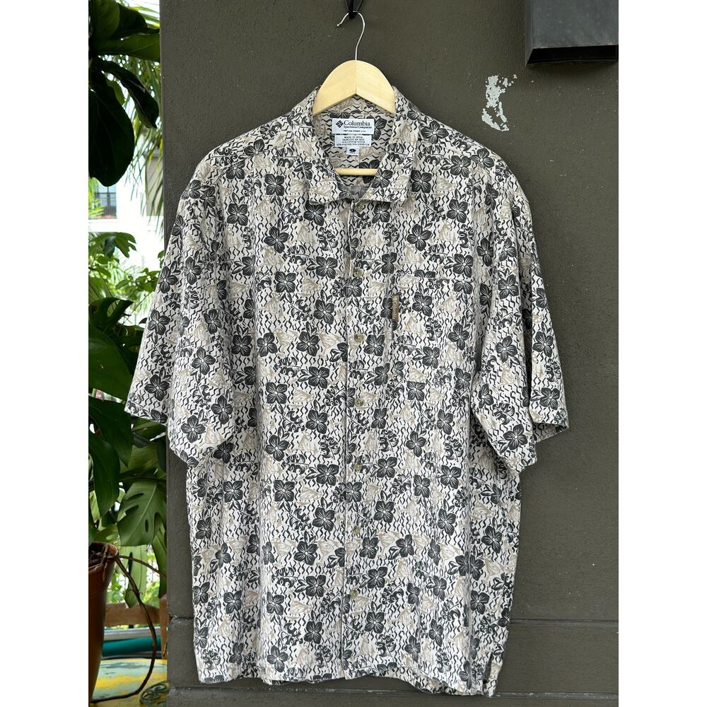 Vintage Y2K Columbia Sportswear Men's Large Cotton Linen Beige Hawaiian Shirt
